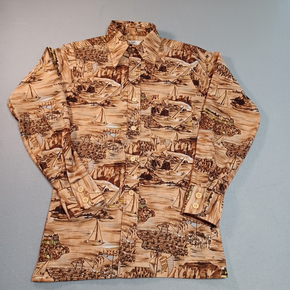 Vintage Forsyth Knit Shirt Mens Medium‎ Brown Nautical Sailboat Print 70s Retro